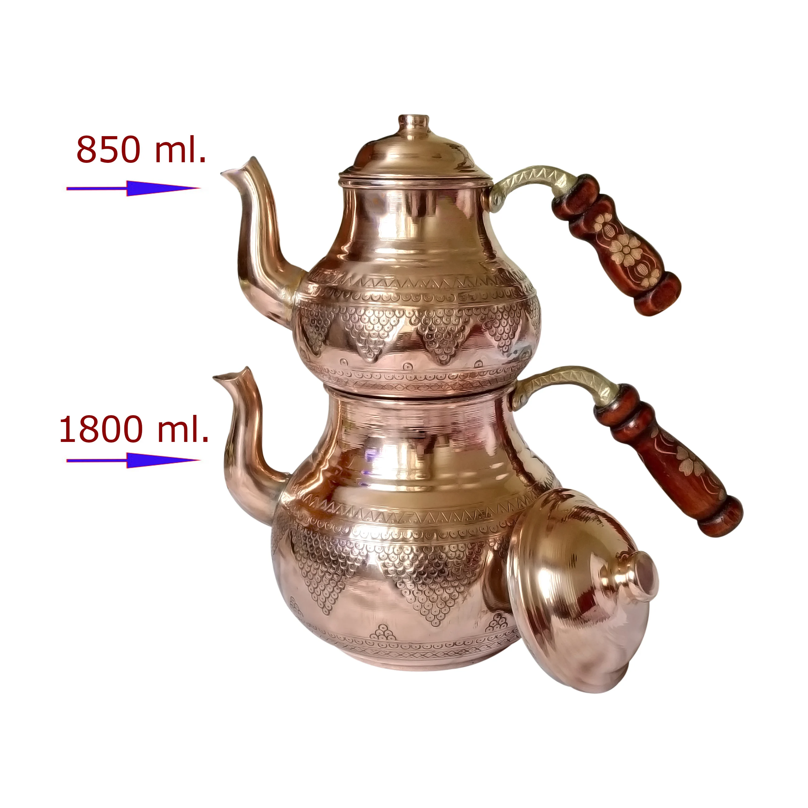 Conjunto de bule de cobre do fogão, chaleira de chá para o fogão, estilo autêntico grupo de uvas padrão, samovar com duas mão de madeira de reposição