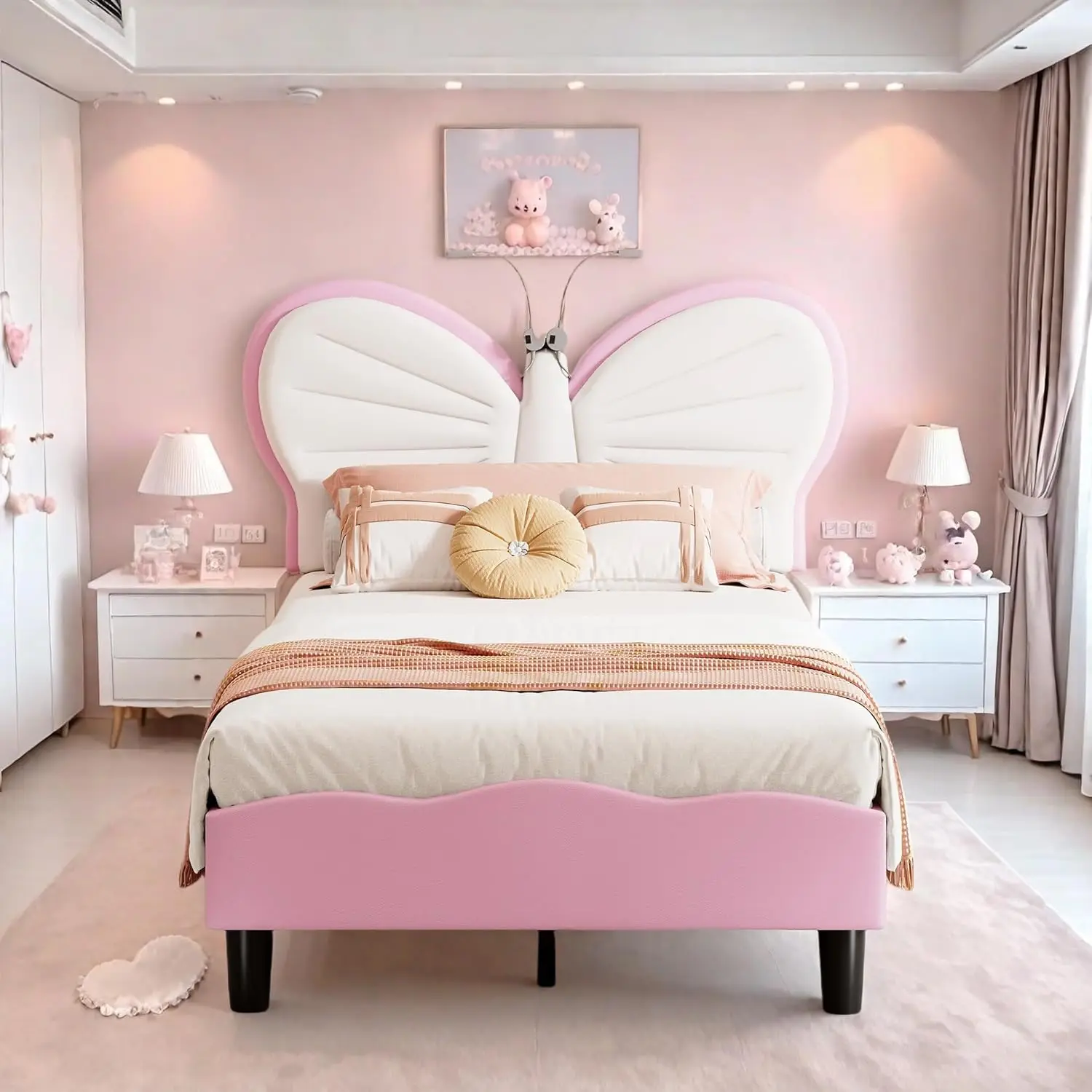 Cama Infantil Superaly de 90x200cm con Estructura de Listones, Cama Acolchada para Niñas con Lámpara de Lectura y Cabecero Ajustable con Mariposas