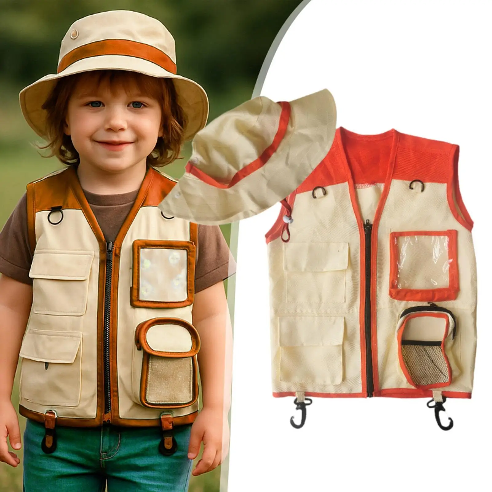 Kids Outdoor Exploration Vest And Hat Set - Children's Explorer Costume for Camping Fishing Zoo Keeper Activities Birthday Gift