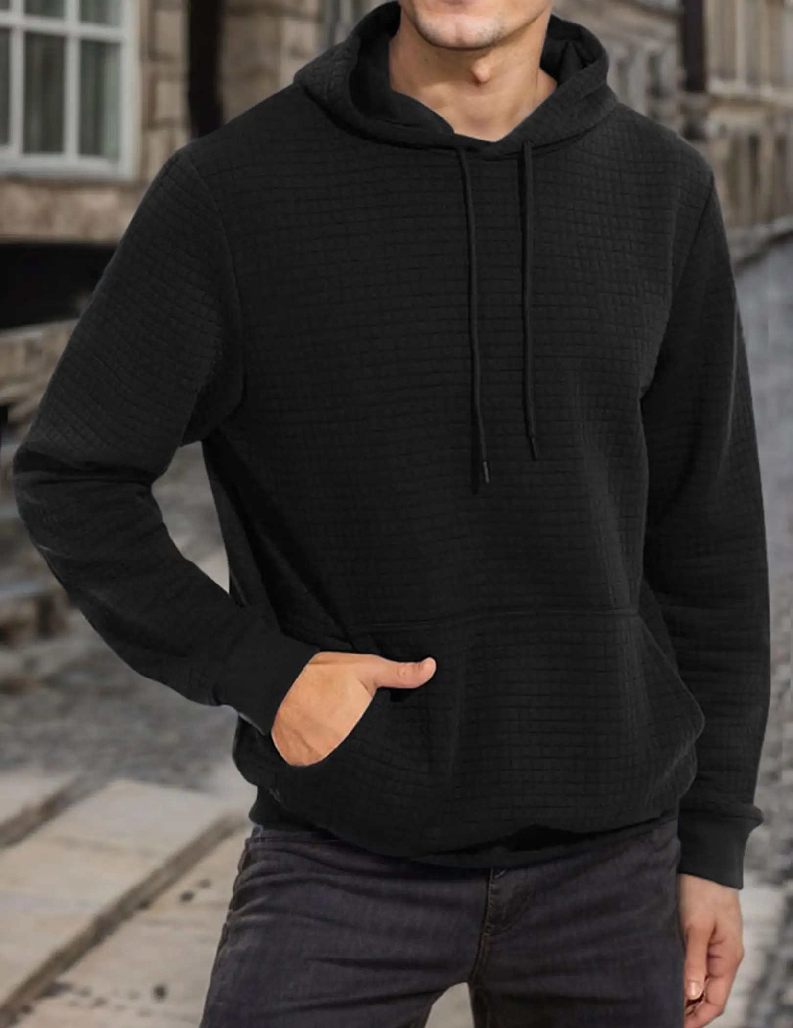 Felpa con cappuccio pullover da uomo scozzese jacquard a maniche lunghe con coulisse moda casual felpa con cappuccio con tasche