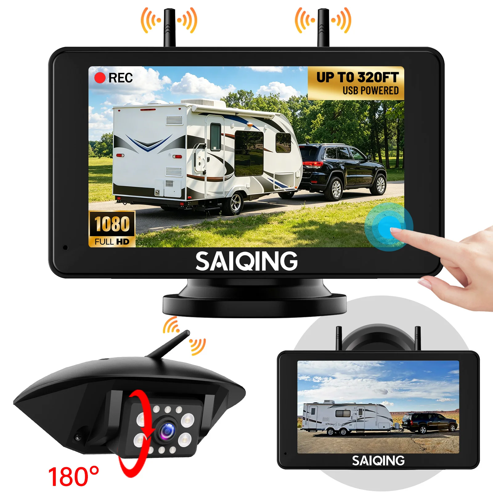 Wireless RV backup camera with a 7-inch touchscreen, featuring recording, blind spot detection,night vision, and wide-angle view