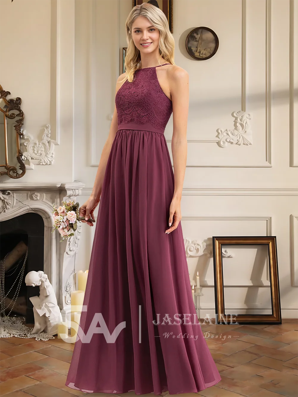 LA Bridesmaid Dresses A Line Square Floor Length Chiffon Lace Spaghetti Straps Wedding Party Evening Guest Cocktail Formal Event