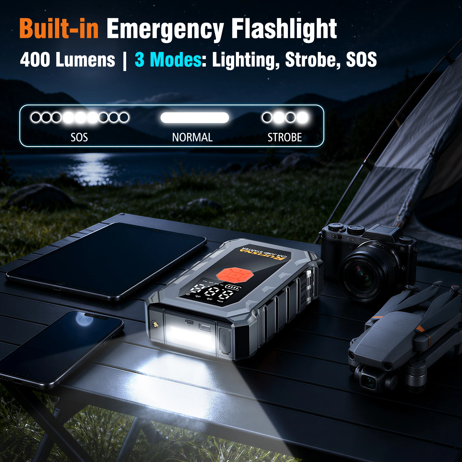 RUFISNA Car Jump Starter 3000A Peak 12V Portable ,150PSI Air Compressor Tire Inflator,All-in-One Emergency Battery Charger Power Bank,LED Flashlight,USB Output,Heavy Duty Booster for Gas Large-Displacement Vehicle,SUV,Truck,Roadside Emergency Rescue Kit