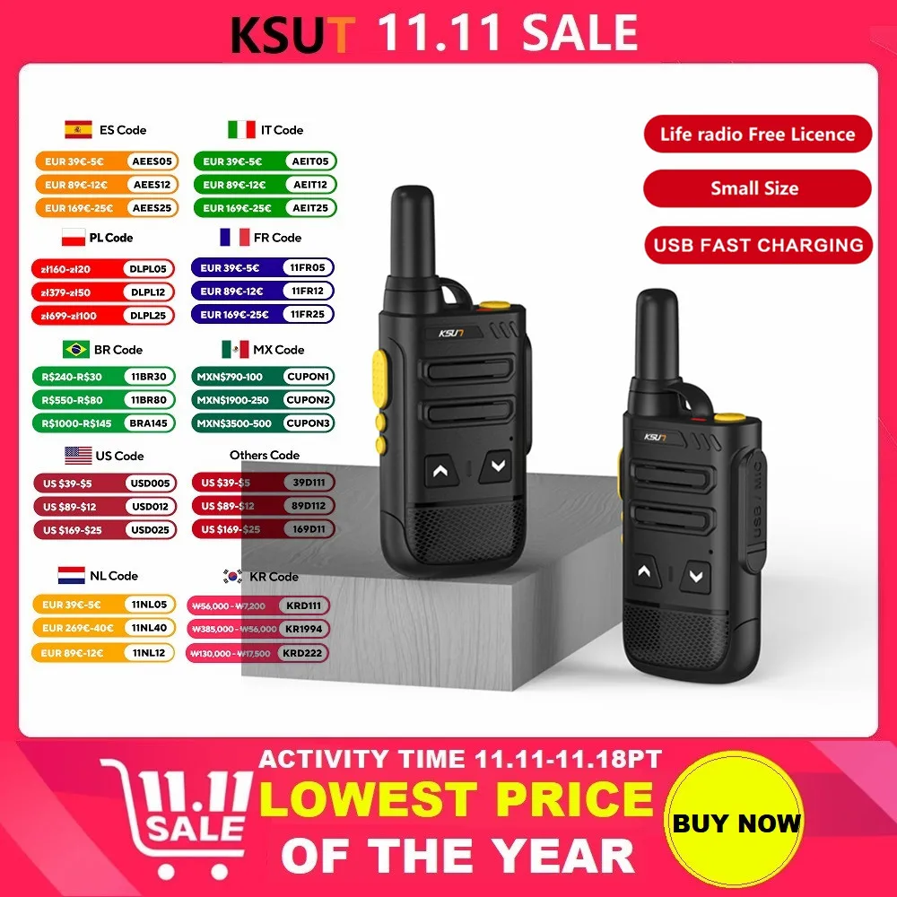 Radio Walkie Talkie transmisor recargable fino Uhf inalámbrico 16 canales niños Mini Walkie Talkies Radio bidireccional KSUN 2022SL