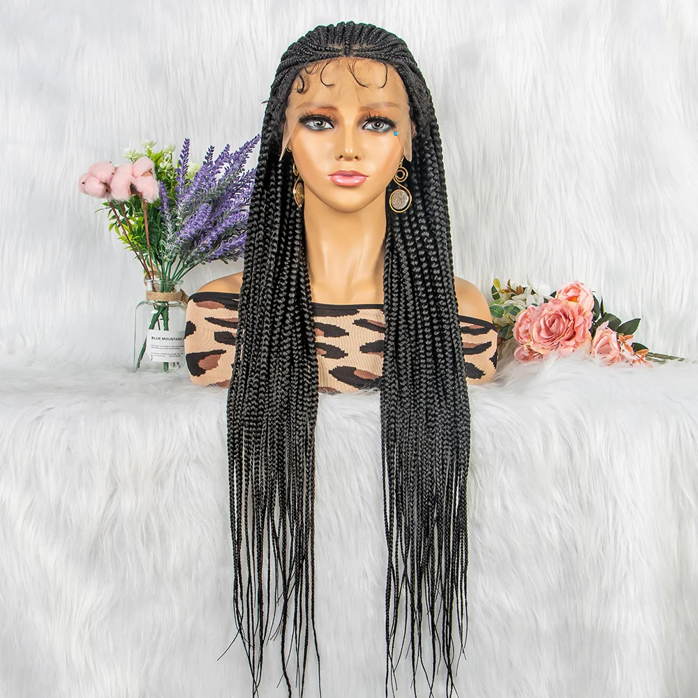 Os recém-chegados caixa de cornrow trançado perucas sintéticas caixa trançada perucas para preto feminino 36 polegadas perucas dianteiras do laço com cabelo do bebê