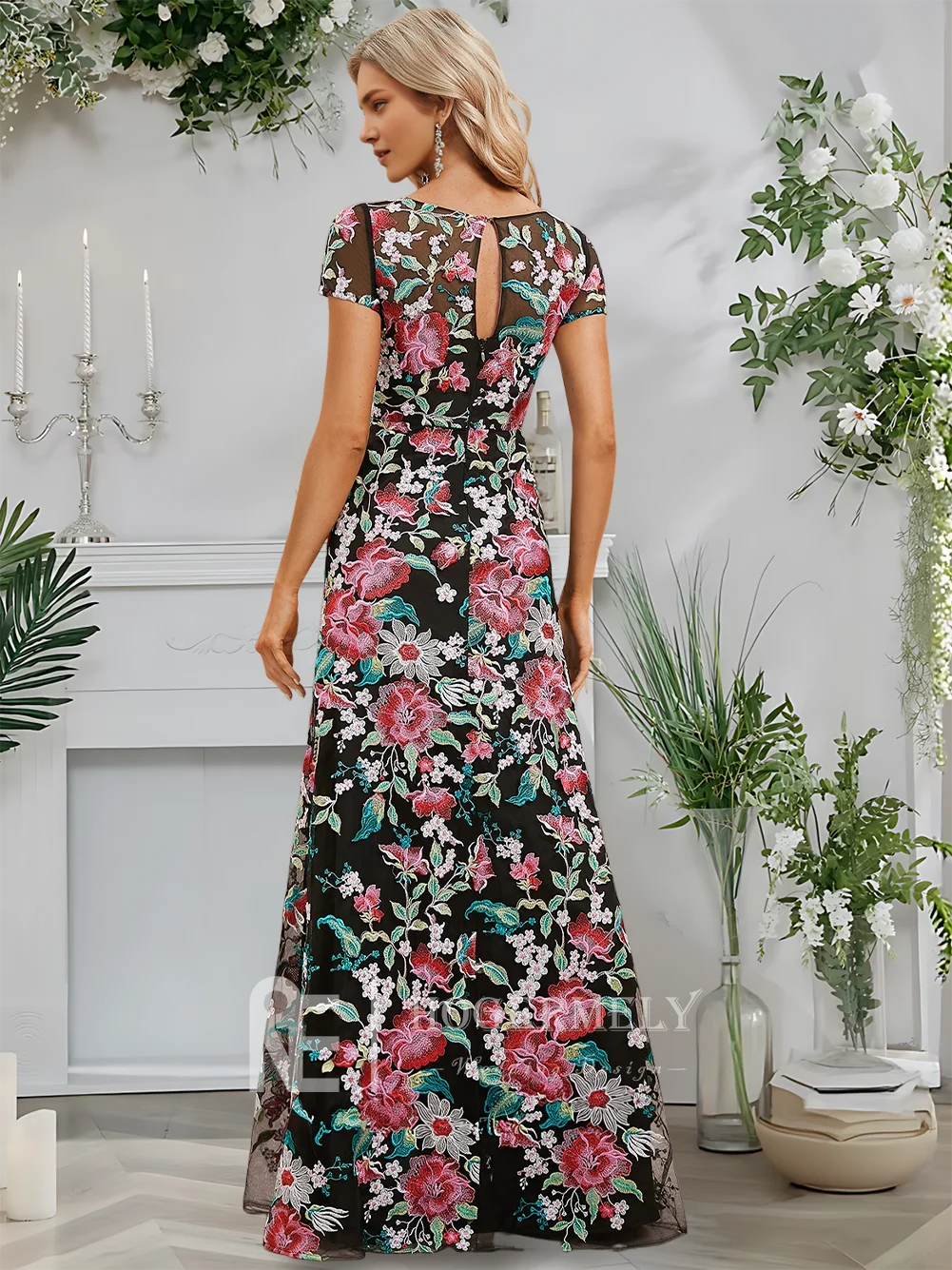Elegantes Abendkleid für Damen, bodenlang, Satin, florale Spitze, A-Linie, mit umwandelbarer Schleife, U-Ausschnitt, Ballkleid für Hochzeit, Party
