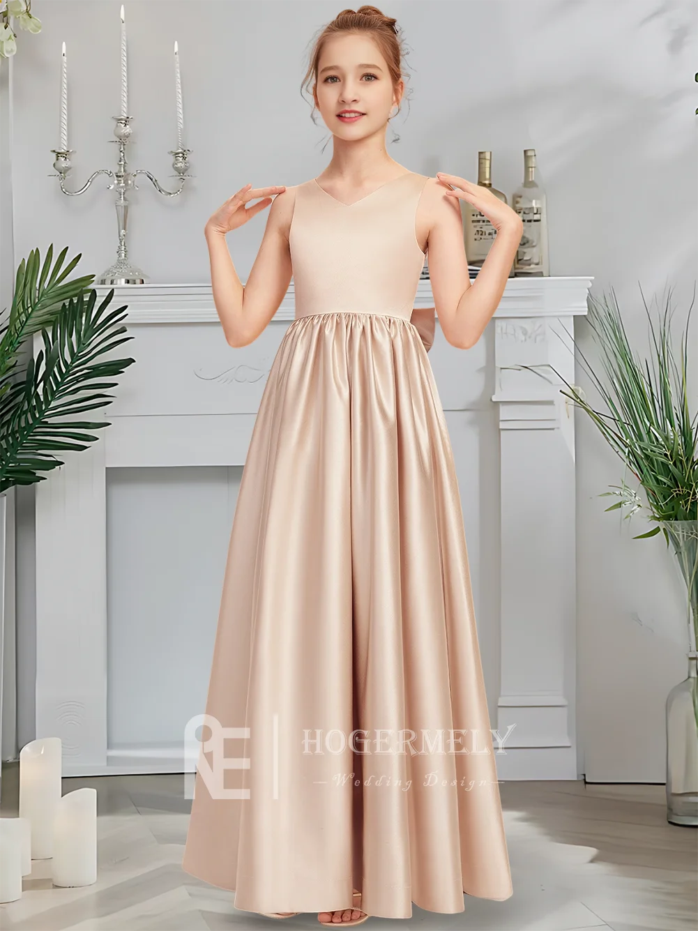 

B V Neck Junior Bridesmaid Dress Flower Girl Dress Floor Length Satin With Elegant Bow Girls Special Occasion Wear