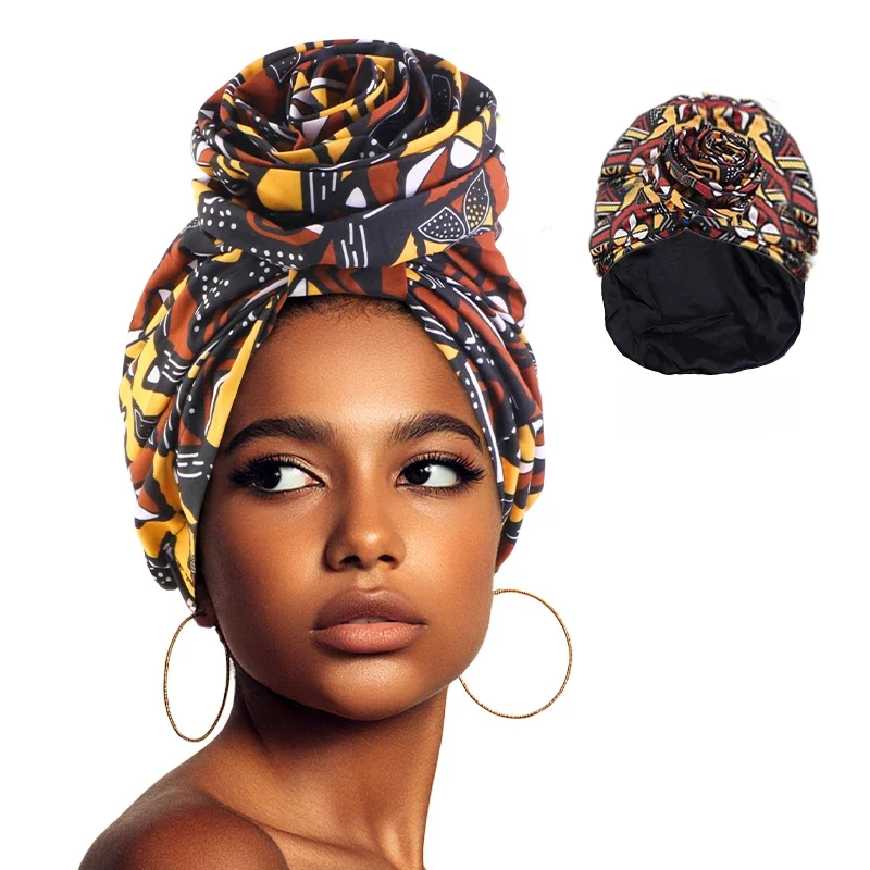 Kobieta afrykańska satynowa podszewka turban czapka duży kapelusz w kwiaty kwiatowy nadruk na głowę Bonnet muzułmańska chusta na głowę damskie czapki — zdjęcie 2