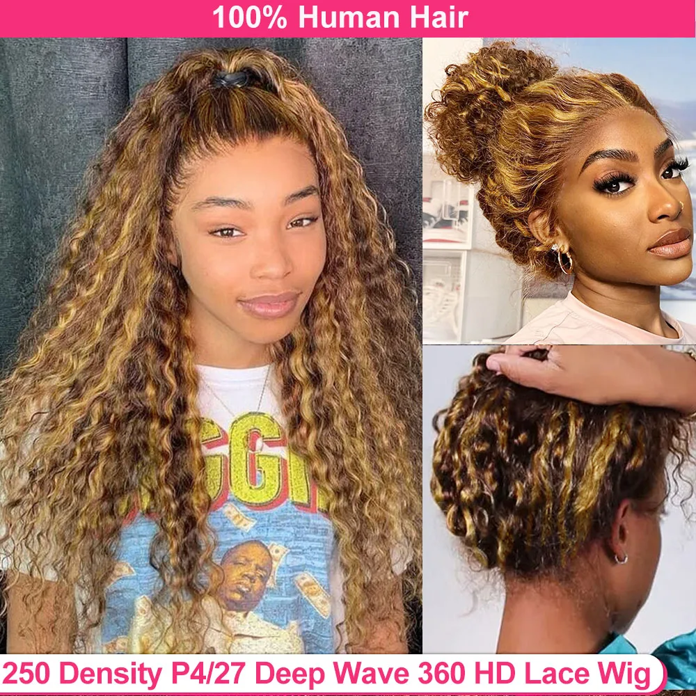 250 Dichte Highlight Deep Wave Full HD Spitze Front Perücke 30 Zoll Ombre P4/27 leimlose Perücke tief lockige Frontal Perücke menschliches Haar