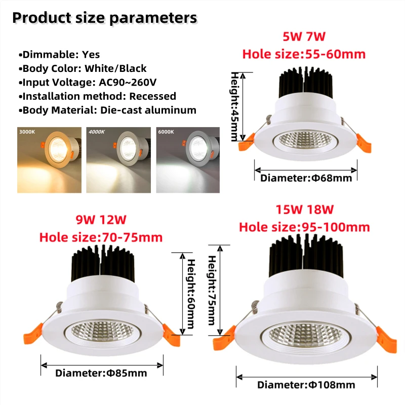 LED Spotlight Dimmable LED COB Ceiling Light Home Improvement Indoor Decor LED Ceil Spot Lamp Recessed Downlight Led Lighting