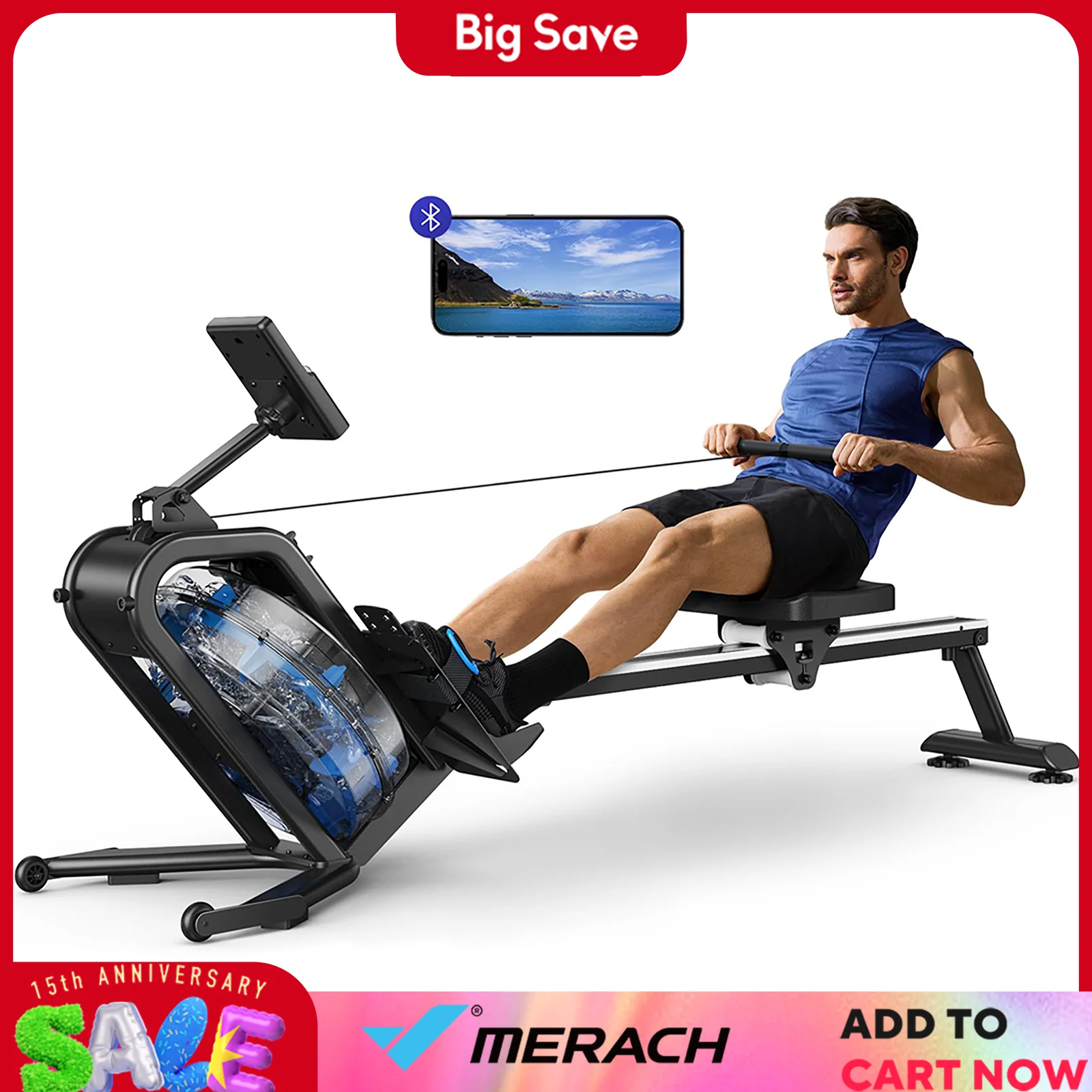 MERACH Water Rowing Machine 45° Incline Enhanced Resistance 15L Water Tank Rower Backlit Screen Monitor with Electric Water Pump