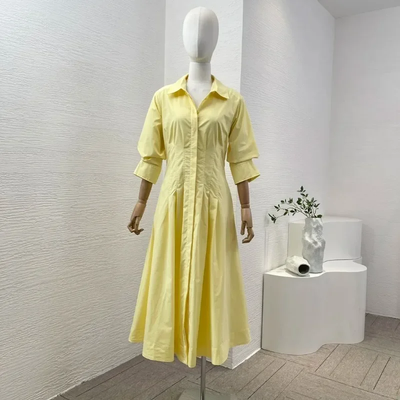 Damen-Hemd kleid mit halben Ärmeln Mini-Midi-Kleider Umklammer Kragen Pleat Taille Hohe Qualität