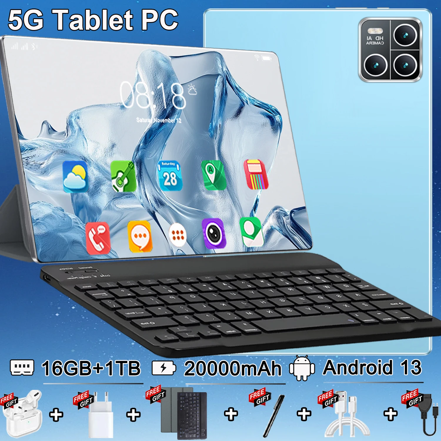 Tableta de 10,36 pulgadas con Android 13, procesador de 14 núcleos potente y rápido, configuración con 16 GB de RAM + 1 TB de almacenamiento enorme. Batería de 20000mAh con una autonomía excepcional, compatible con 5G, doble tarjeta SIM y WiFi estable. Cámaras de alta definición de 16MP + 32MP