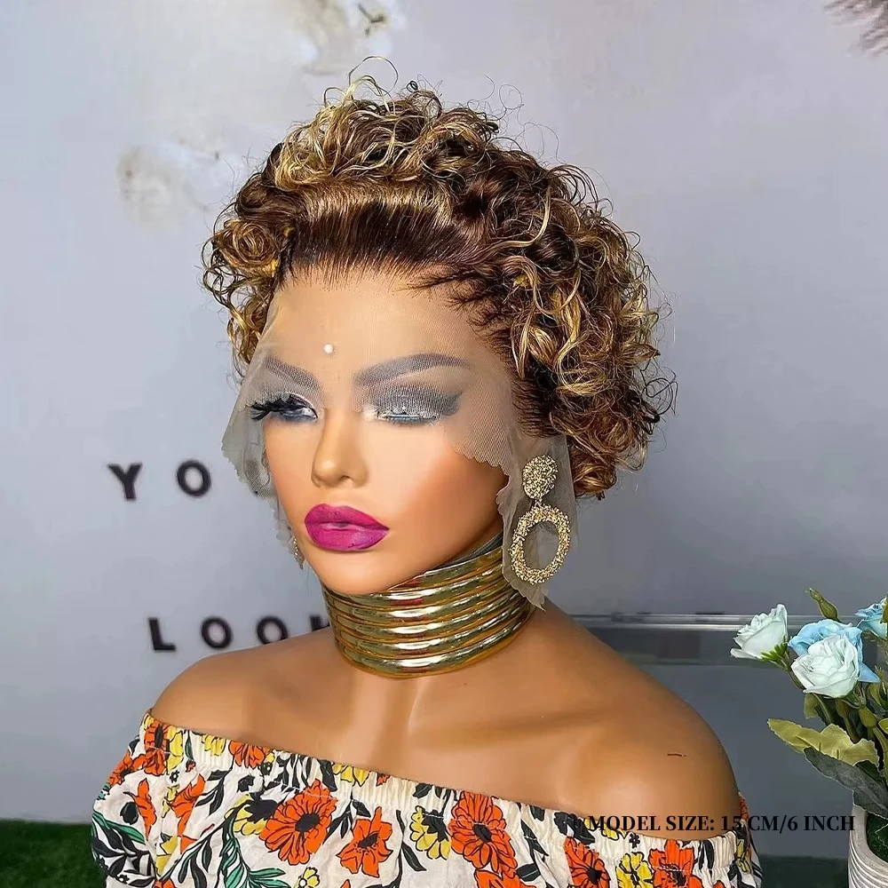 

Deep Wave 4/27 Highlight Honey Blonde Short Pixie Cut 13x4 Lace Front Human Hair Wigs 150% Density Transparent Lace Frontal Wig