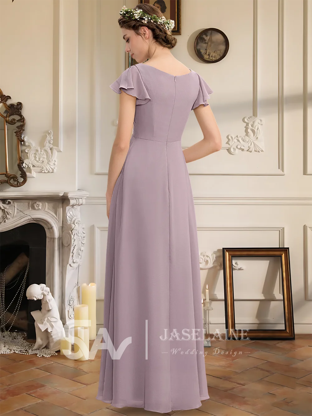 Aラインのロング丈シフォンブライズメイドドレス、カスケードフリル、Vネック、半袖、エレガントなウェディングパーティー、イブニングゲスト用