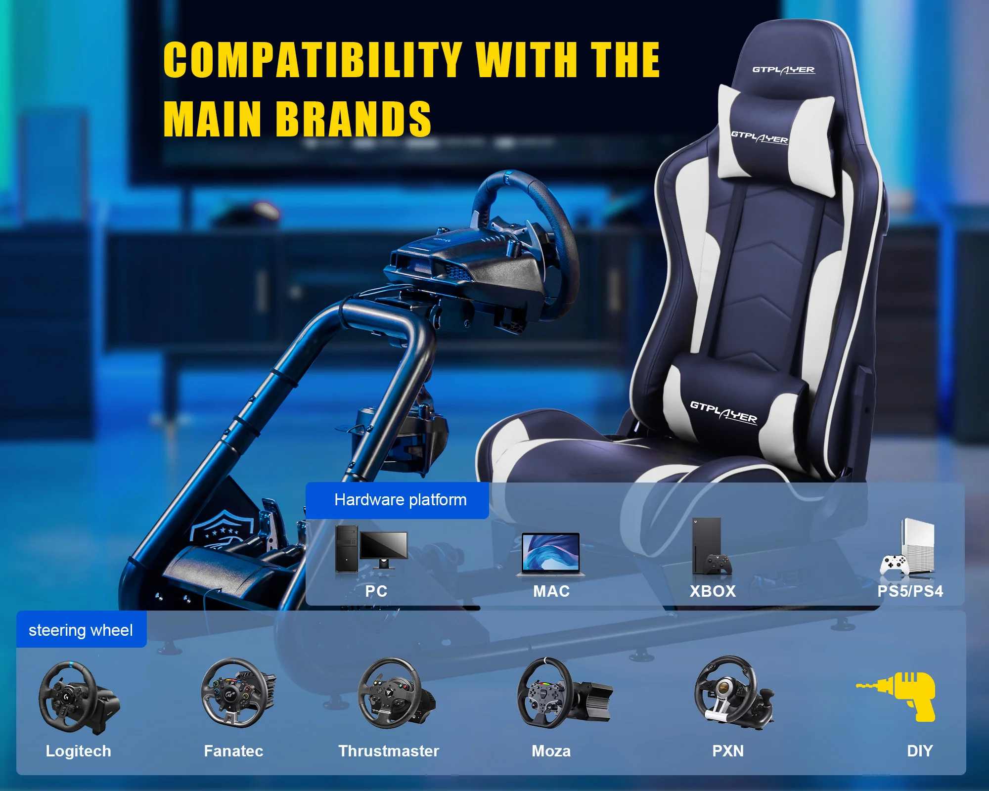 GTPLAYER Racing Simulator Cockpit with Seat, Sim Racing Cockpit Multi-function Adjustable Gaming Wheel Stand for G25 G27 G29