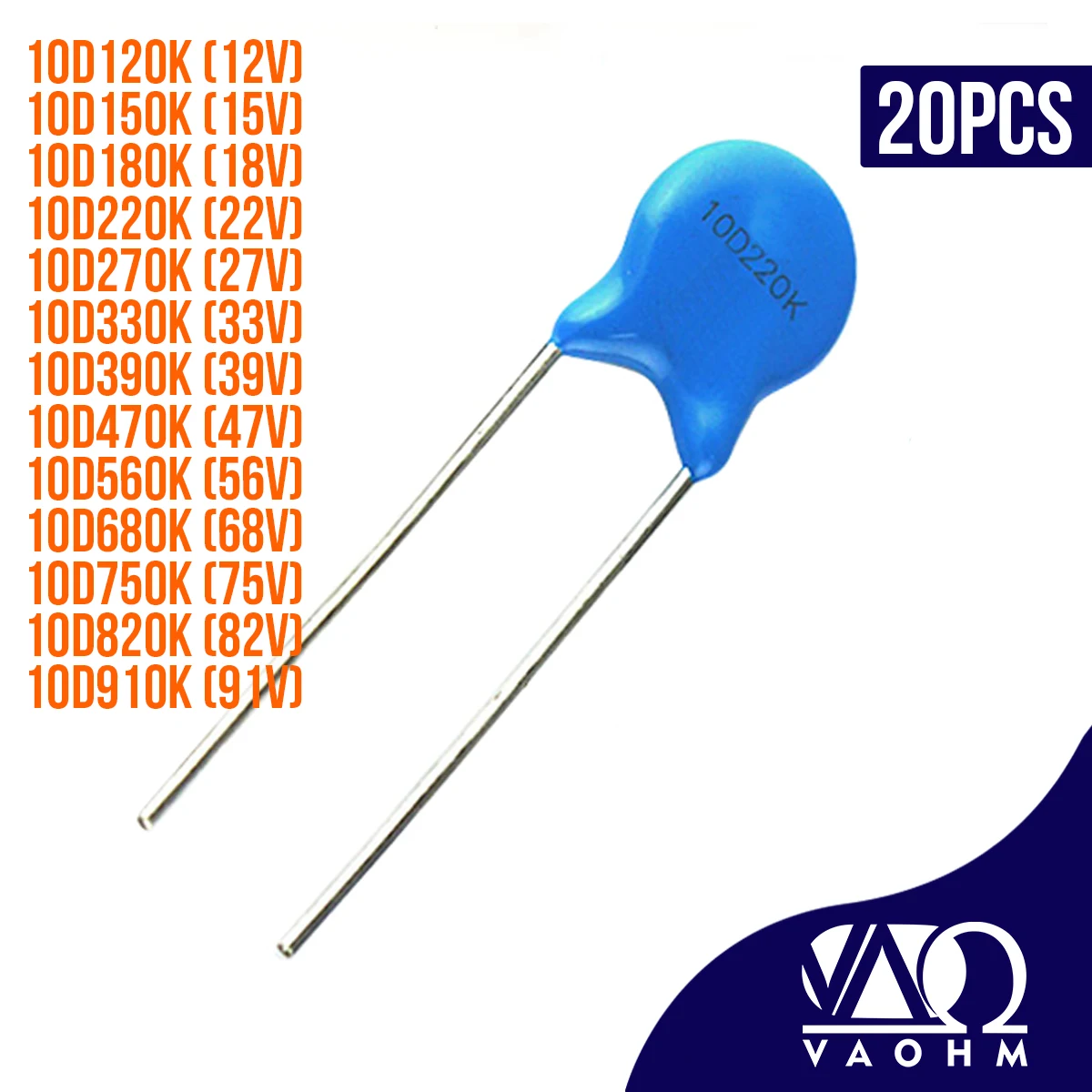 20PCS Metal Oxide Varistor 10D120K 10D150K 10D180K 10D220K 10D270K 10D330K 10D390K 10D470K 10D510K 10D680K 10D750K 10D820K