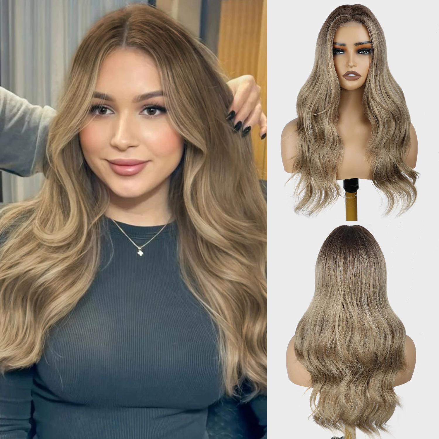 

Women's long gradient gray-gold highlighted wig, wavy center part - 24 inches, suitable for everyday wear.
