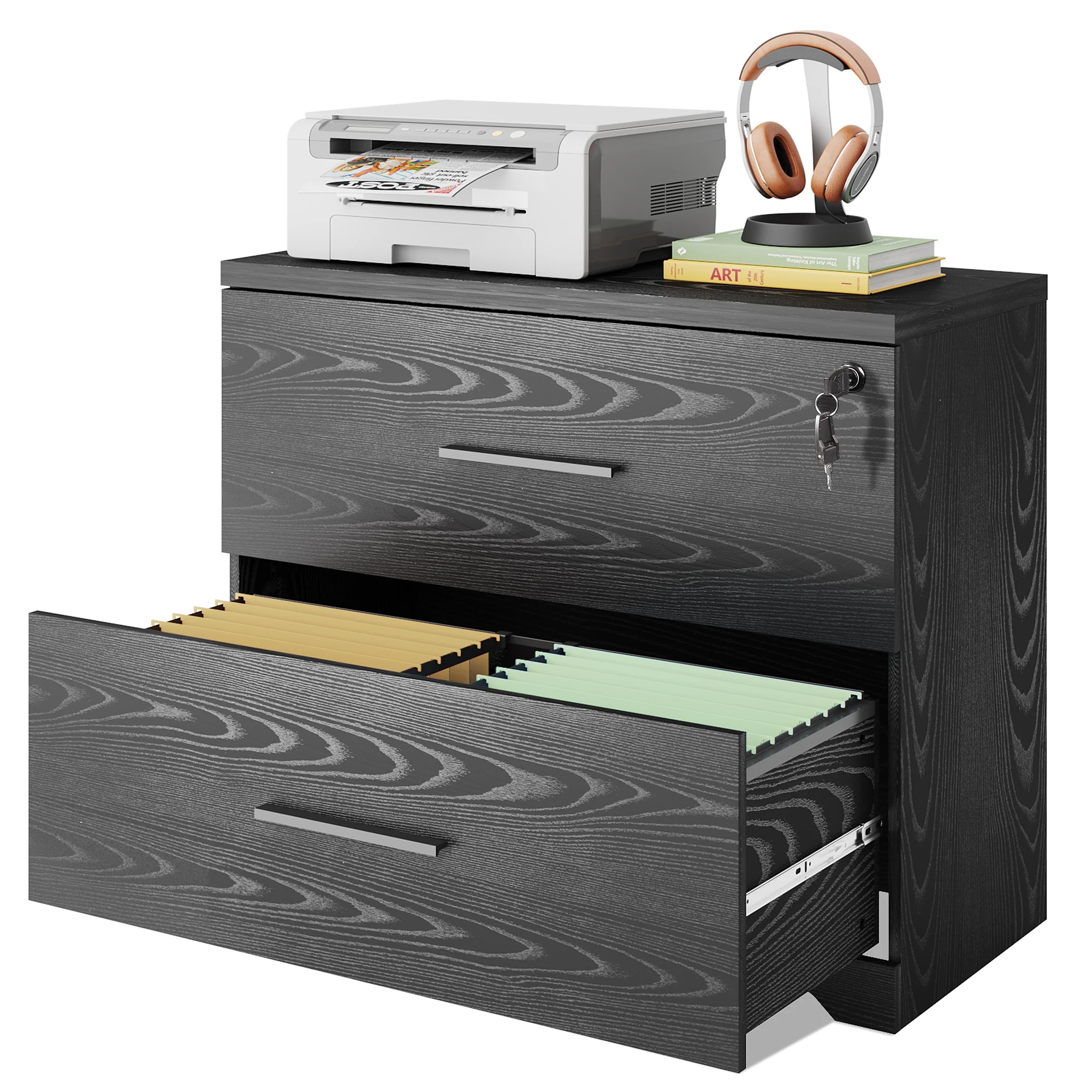 Lateral File Cabinet with Lock, 2 Drawer Filing Cabinet, Black Large Printer Stand, Wood Office Storage Cabinet, Fits Letter, Legal or A4, For Home Office & Study
