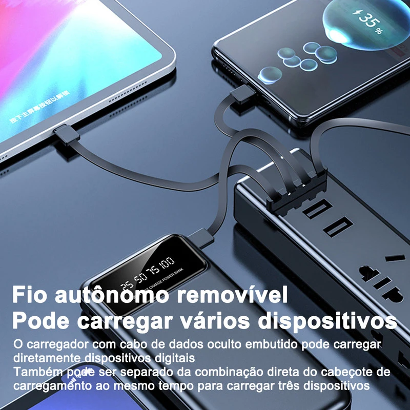 Fonte de alimentação móvel portátil com sua própria linha, tesouro de carregamento, novo, 4 em 1, 20000 mAh