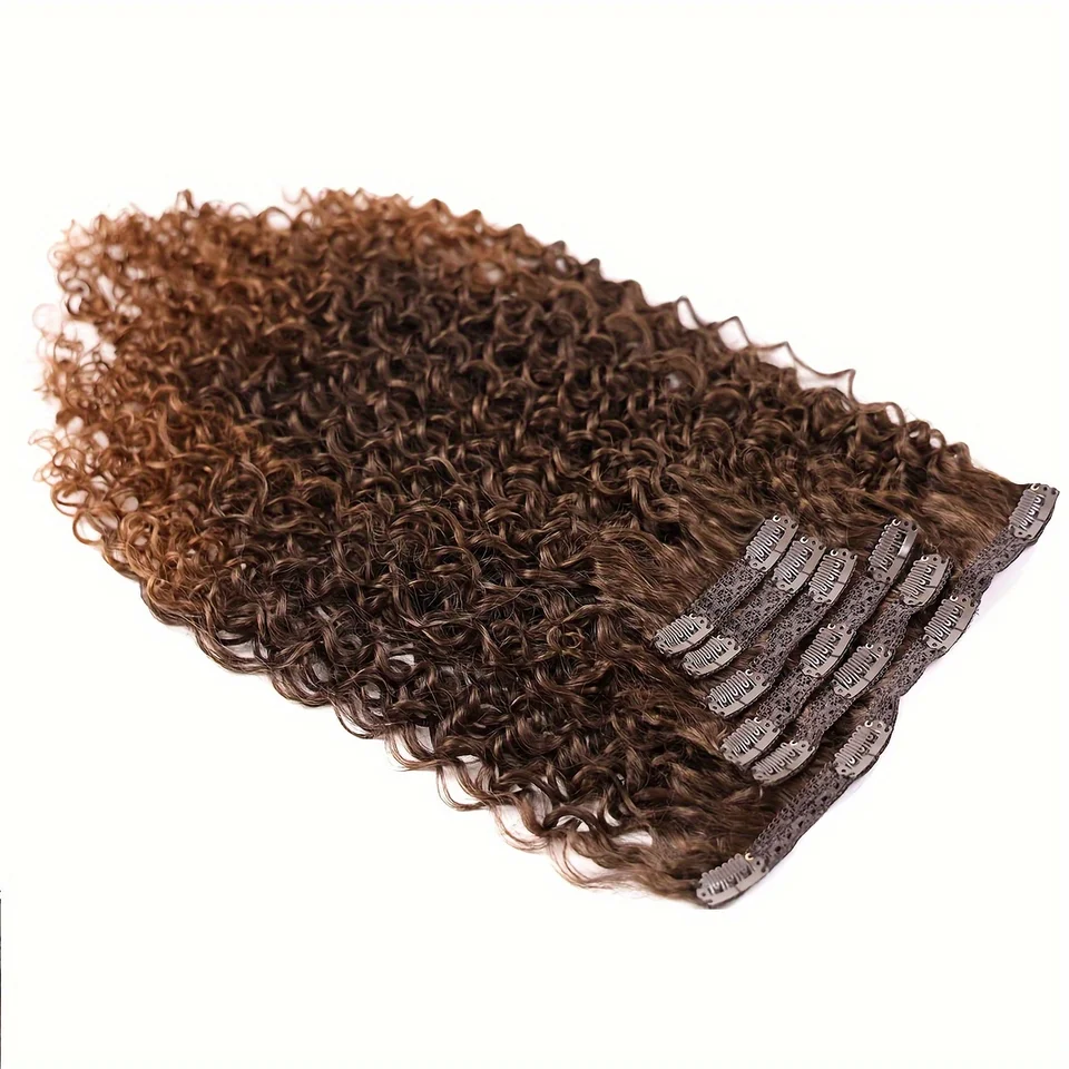 Extensiones de clip rizadas sintéticas de 16 piezas, cabello negro y marrón para mujeres 2