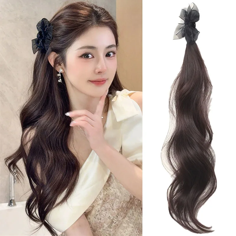 2Pcs Elf Ear Synthetic Ponytail Hair Extensions with Elegant Princess Mesh Ribbon Bow Mini Claw Clip Hair Accessories for Women