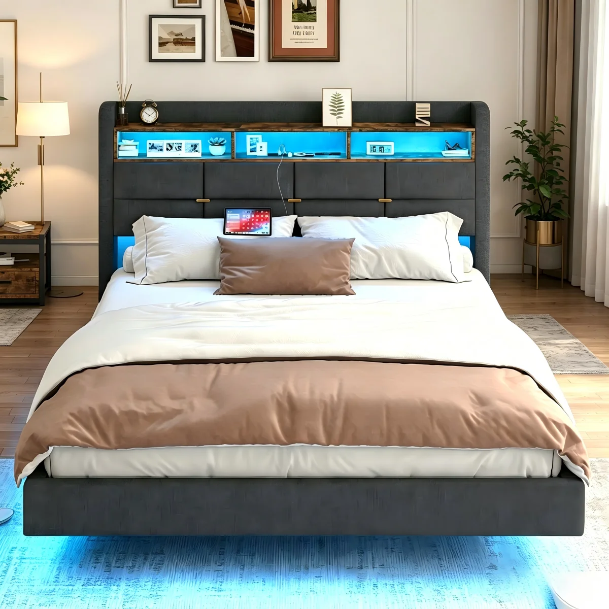 Cadre de lit avec éclairage LED, 2 prises CA et 2 ports USB. Tête de lit rembourrée avec rangement, structure stable, effet flot