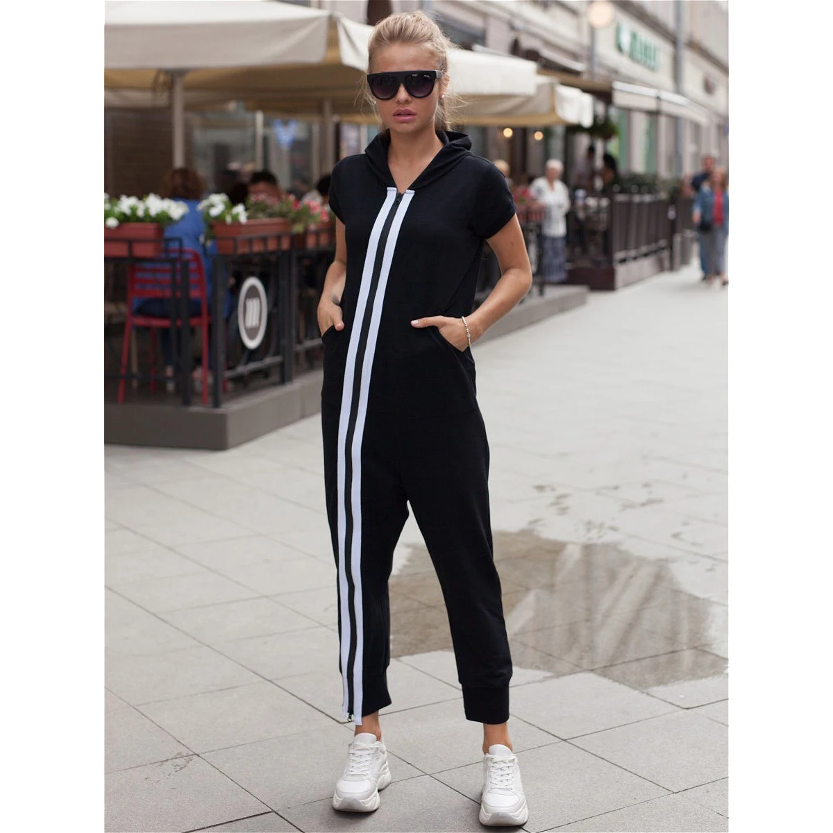 Tinaa 2024 Mode Capuchon Contrasterende Kleur Losse Jumpsuits Bodems Voor Casual Uitgaan En Stijlvolle Losse Jumpsuits