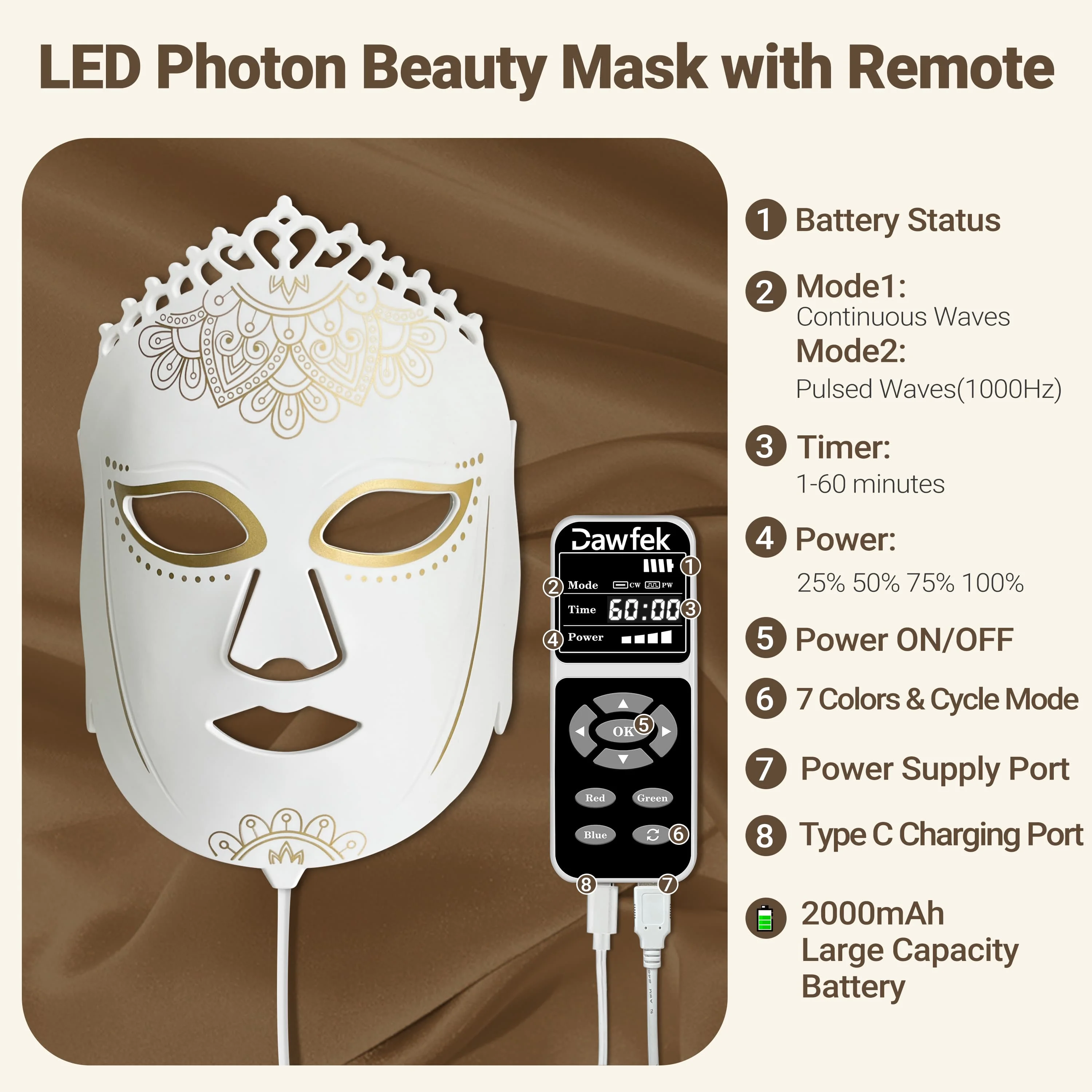 Dawfek-Masque facial de luminothérapie en silicone portable, déformable, lissage de la peau, réduction de l'acné, soins pour la peau, peau optimiste