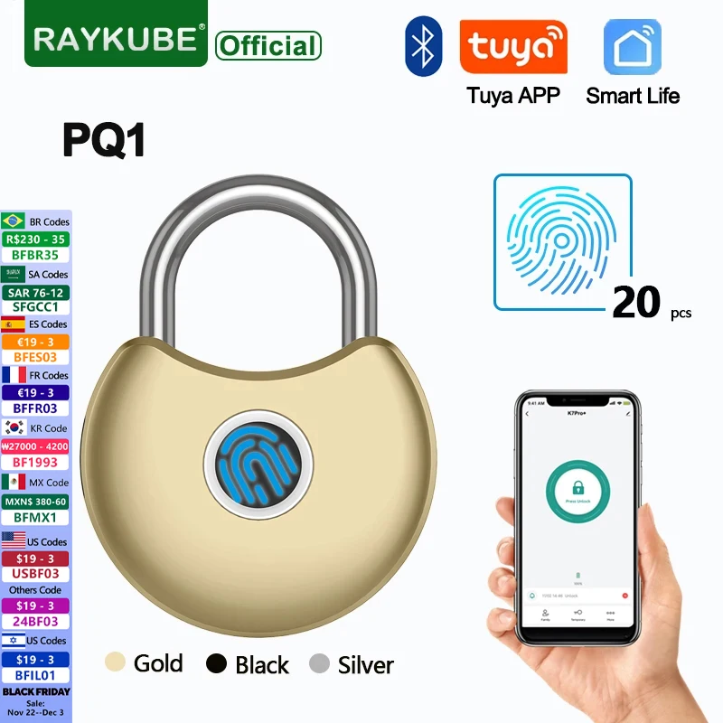 RAYKUBE PQ1 Smart Fingerprint Padlock IP65 Waterproof Tuya BLE Remote Unlock USB Charging Unlock Anti-theft Cabinet Door Lock