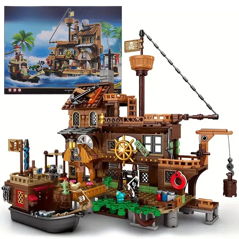 Creatieve Middeleeuwse Piraten Eiland Fort Kasteel Bouwstenen Avontuurlijk Schip Blokhut Model Boot Monteer Bakstenen Speelgoed Jongen Cadeau - afbeelding 2