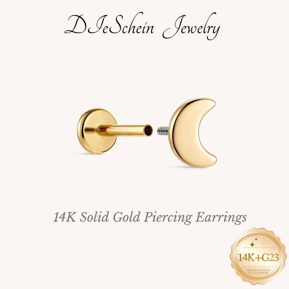 DIeSchein 14K Solid Gold Flat Back Stud Earring for Women Minimalist Piercing Earring Internal Thread Earr for Birthday Gift