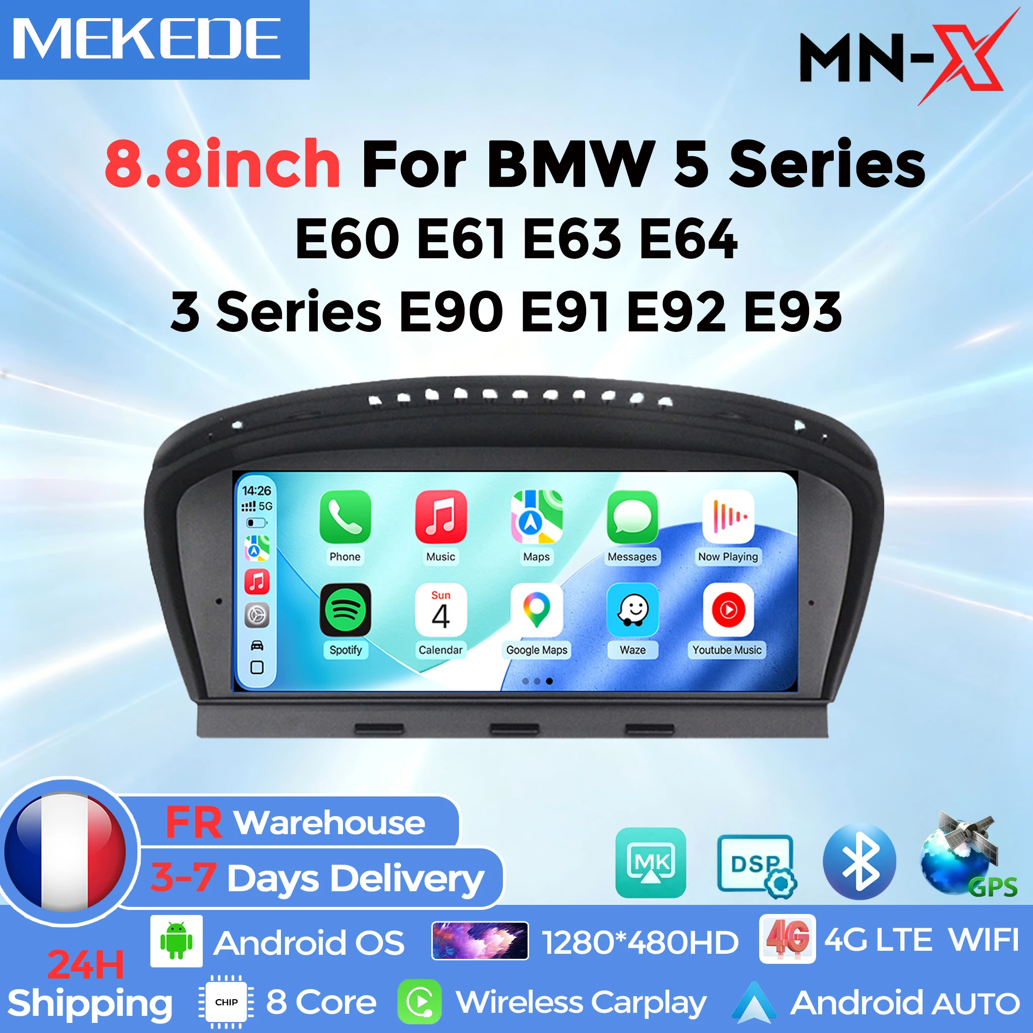 MEKEDE, disponibile in magazzino nell'UE, sistema multimediale per auto con Android 15, processore a 8 core, 4+64 GB o 6+128 GB, compatibile con BMW Serie 5 E60 E61 E63 E64 e Serie 3 E90 E91 E92 E93,