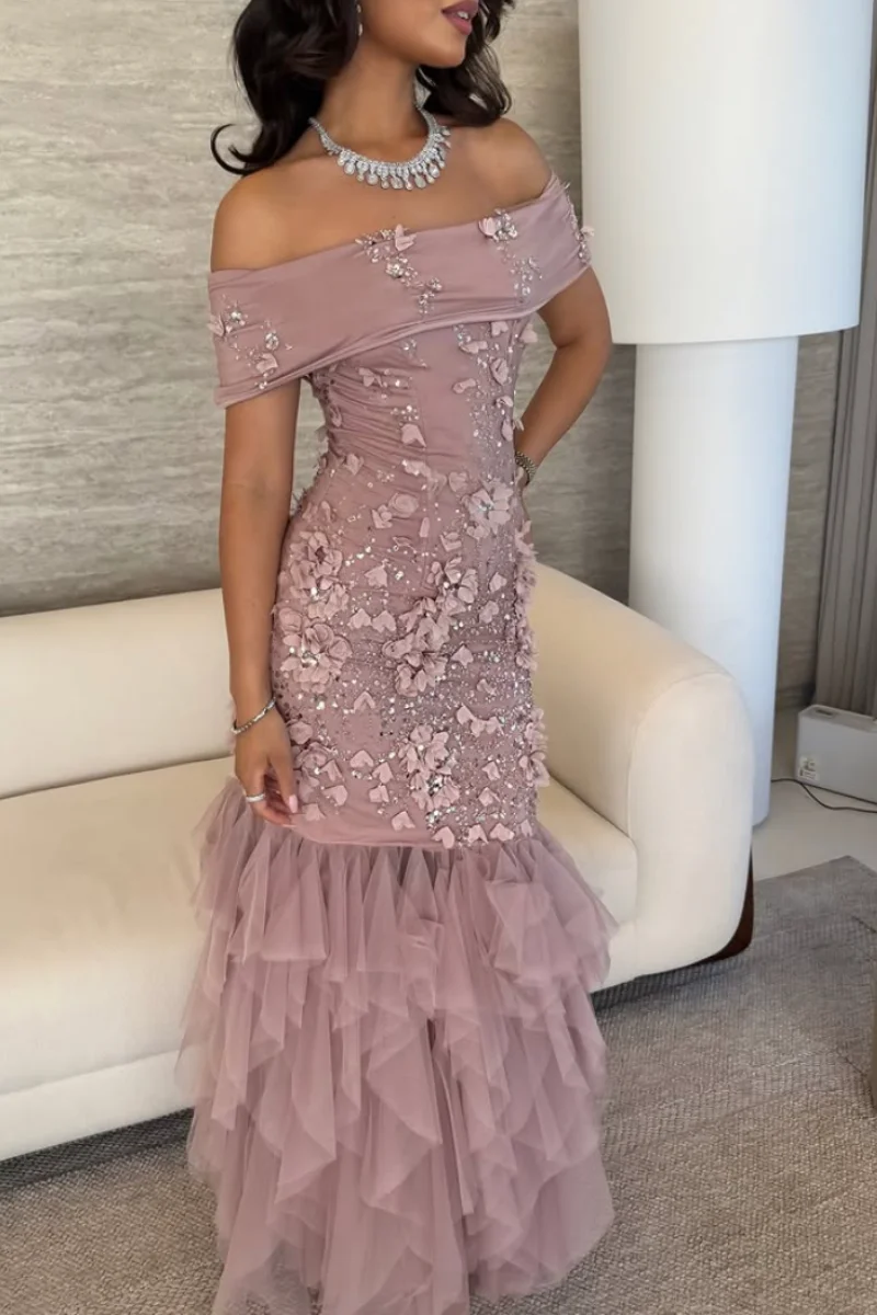 فساتين سهرة Jessica Glitter ثلاثية الأبعاد رائعة باللون الوردي الفاخر للحفلات الراقصة والمناسبات الرسمية فيستدوس دي غالا مخصصة