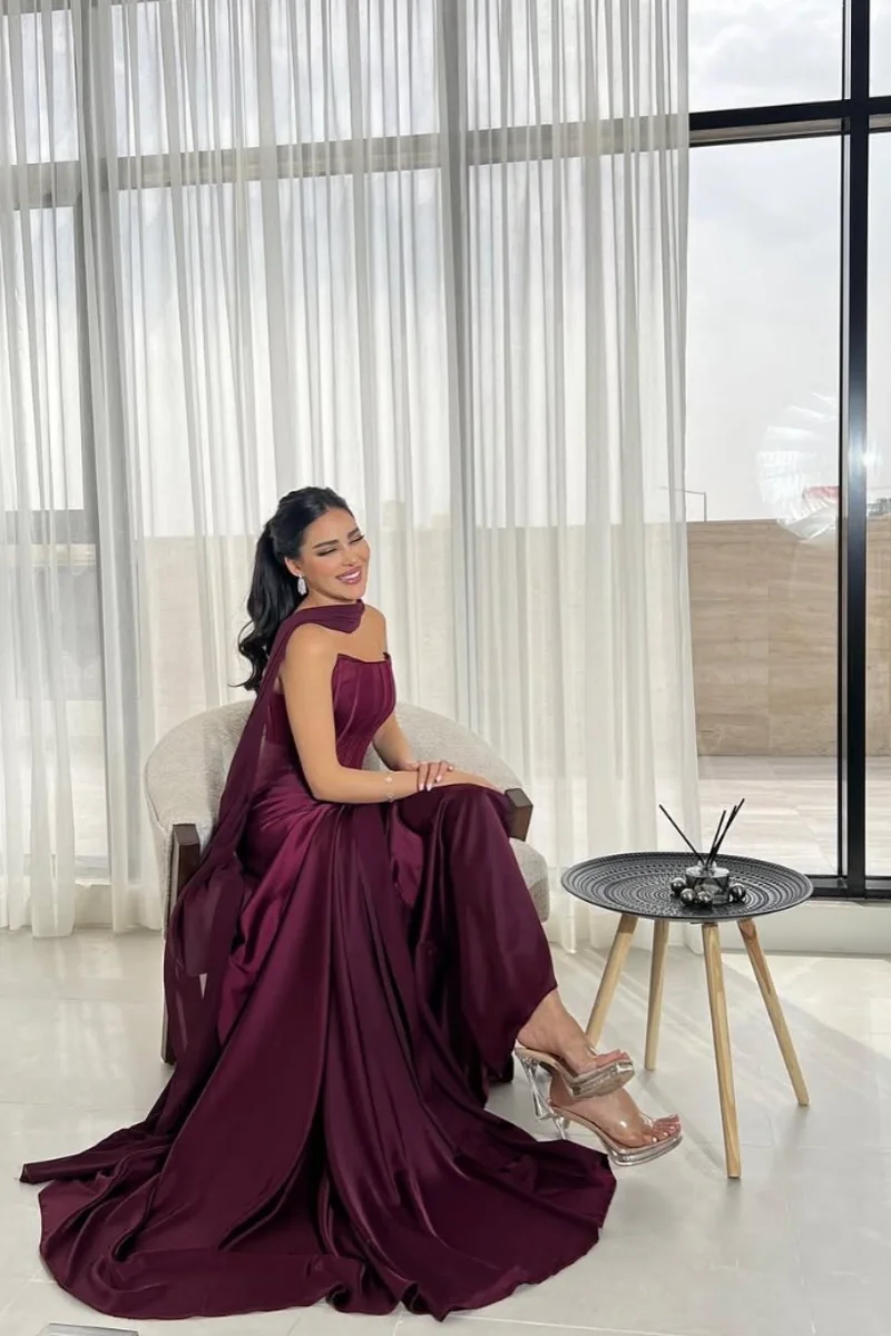 Annie สีม่วงกระดูกปลาชุดราตรี Off-the-shoulder Slim-fit ซาตินชุดราตรีโอกาสพิเศษ PARTY Dresses FBساتة
