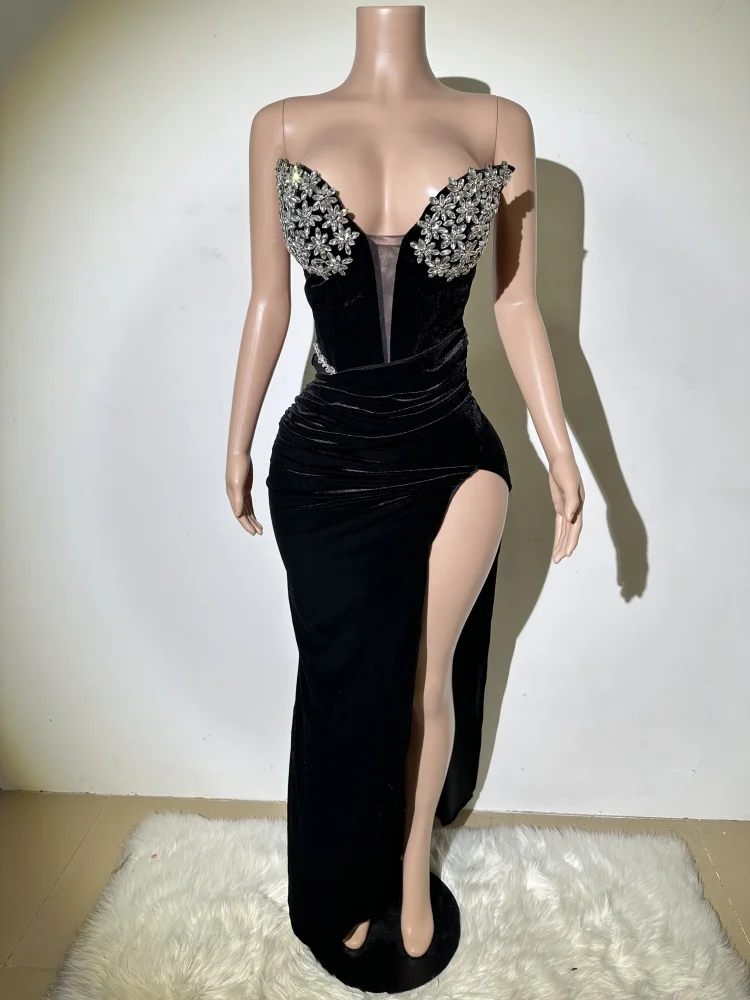 

High quality summer new black velvet V-neck diamond studded diamond sexy mid waist slimming split hip dress Vintage