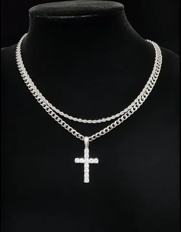 Fashionable Double Chain Set + Cross, Unisex - 3mm Layered Cuban Chain Necklace Set Minimalist Jewellery Gift 20-24 Inches Gift