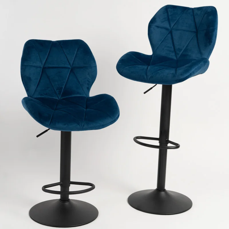 Set of 2 Bar Stools Blue Velvet Fabric Upholstered Seat Breakfast Bar Chairs Swivel Height Adjustable Large Metal Base Dining St