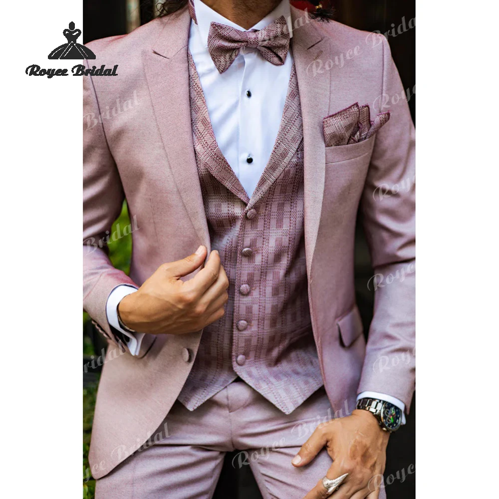 Three Piece Single Breasted Men's Wedding Suit 2026 Shawl Lapel Tuxedo Pink Slim Fit Evening Prom Suits costume homme mariage