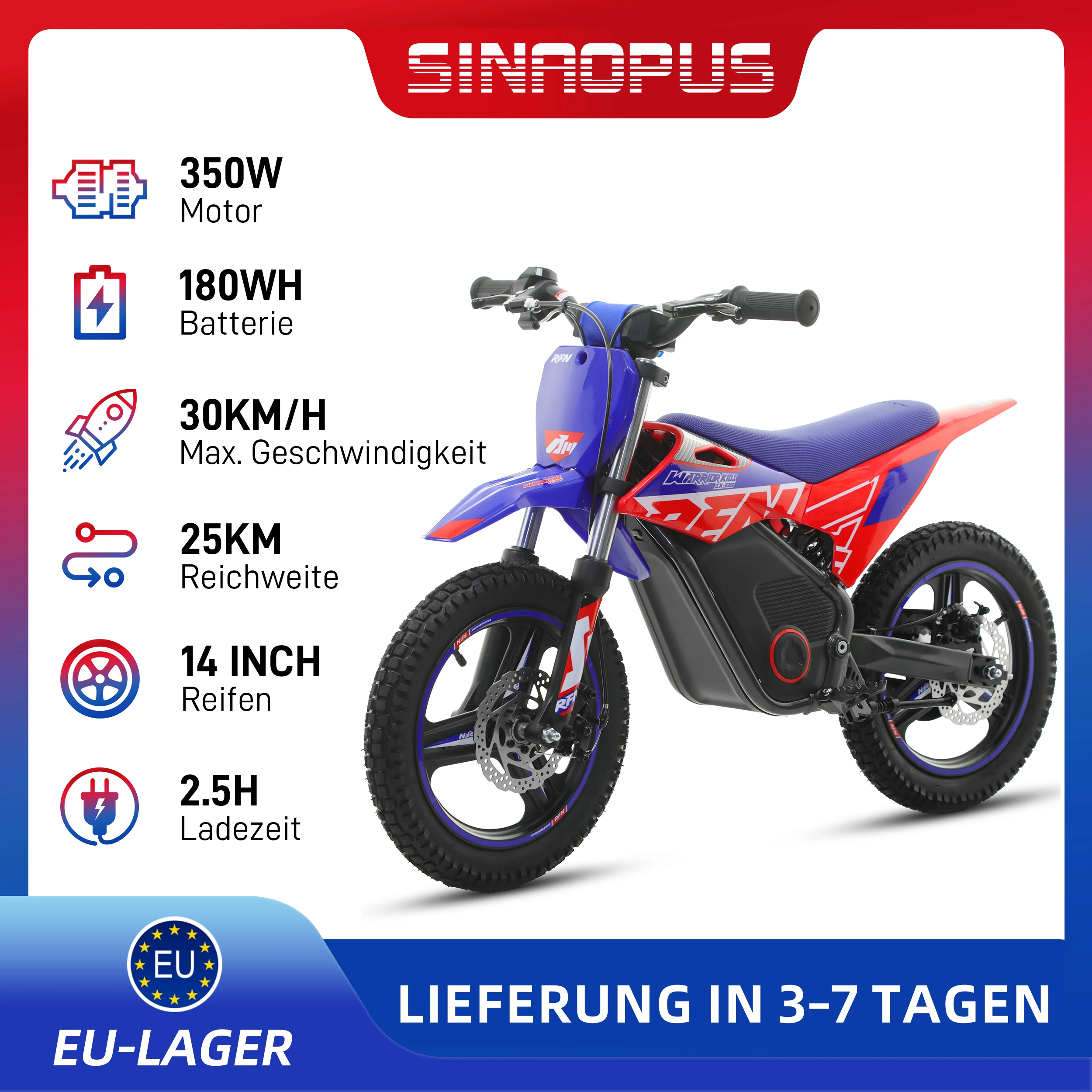 Elektrisches Kindermotorrad 350W Kinder-Dirtbike 180WH Akku Rennmotorrad 30km/h Offroad Allterrain-Bike für Outdoor-Fahrten