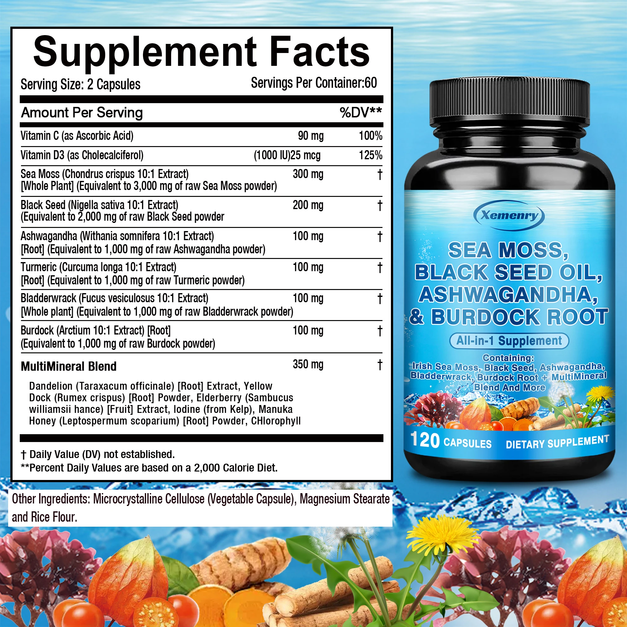 Sea Moss, Black Seed Oil, Ashwagandha and Burdock Root - Promotes Intestinal Health, Improves Mood, Anti-aging - 120 Capsules