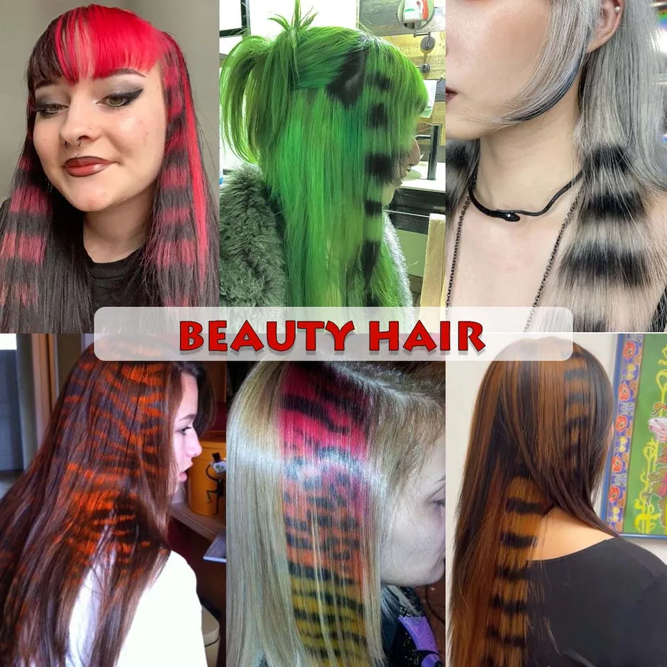 Set de 3 extensiones de cabello sintético con rayas de colores, largas y rectas, con clip, para uso diario, fiestas y Halloween 6