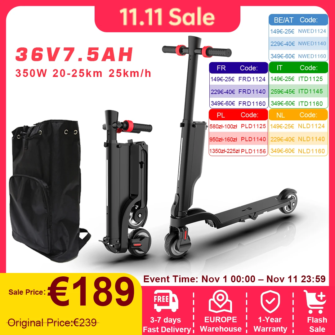 HX X6 Elektroroller 350W 36V 7,5Ah 20-25km Reichweite 25km/h Höchstgeschwindigkeit Smart-App 5,5-Zoll-Reifen E-Scooter Faltbarer Rucksack-Elektroroller