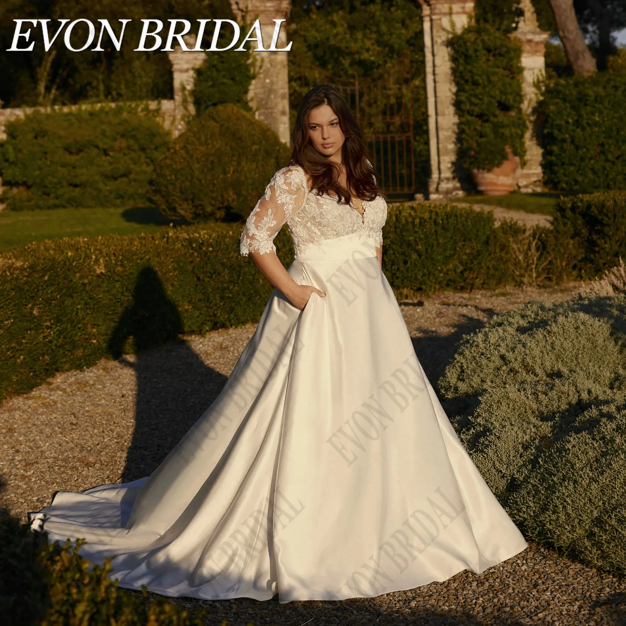 

EVON BRIDAL Plus Size Satin Wedding Dresses V-Neck Applique A-Line Robe De Mariée Detachable Sleeves Backless Empire Custom