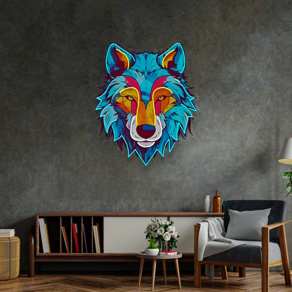 Colorful Wolf Neon Sign Cool Animal Wall Art Decor UV Print Wolf Neon for Game Room Bar Beer Club Sign Teens Bedroom Sign