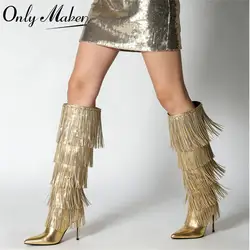 Onlymaker Women Pointed Toe Gold Fringe Metallic Slim Over The Knee Boots Stiletto Sexy Dance Thigh Boots