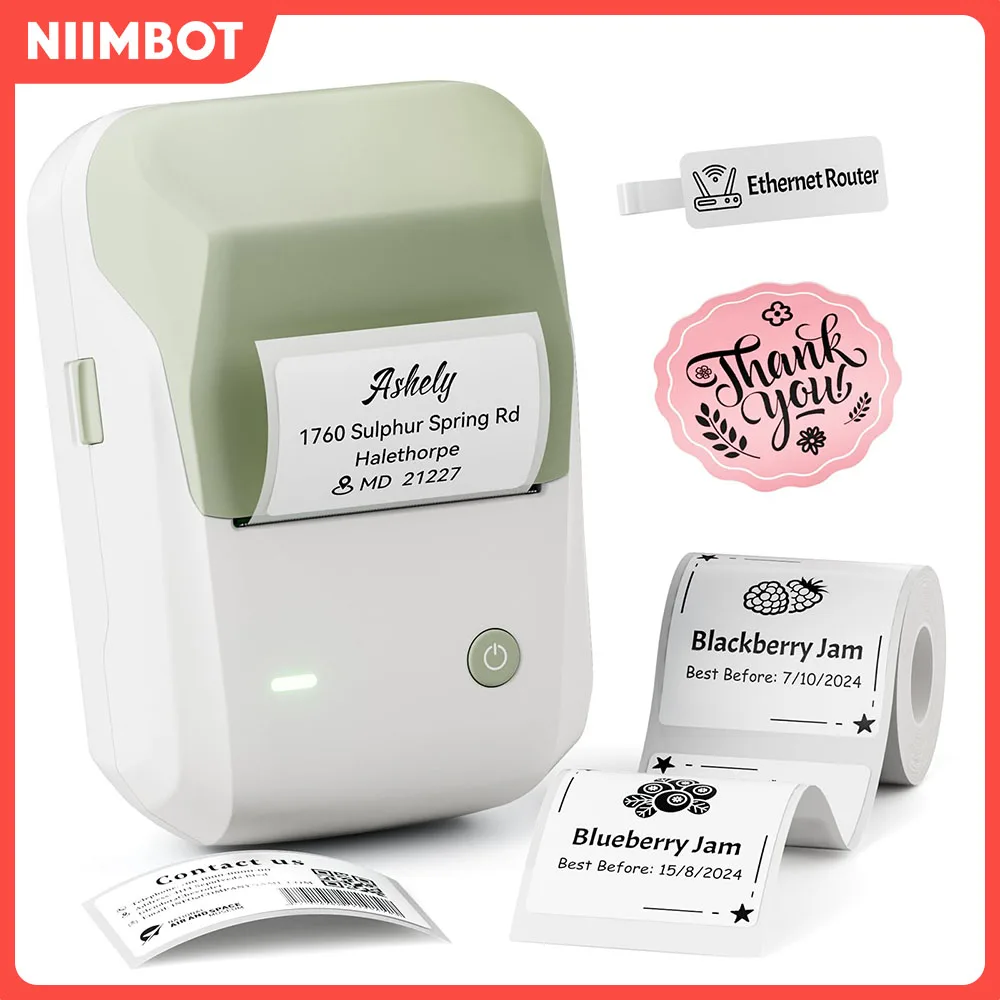آلة صنع الملصقات Niimbot B1 مع طابعة ملصقات محمولة بشريط مقاس 2 بوصة للمكتب والشركات الصغيرة المتوافقة مع الهواتف والكمبيوتر الشخصي