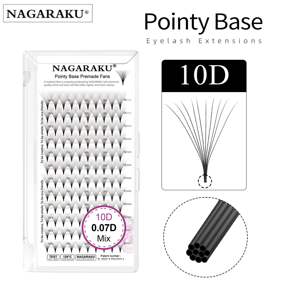 NAGARAKU Sharp Narrow Stem Premade Fans Eyelash Extension 0.07mm 4D-10D 120 Fans Thin Pointy Base Russian Fans Ready Volume