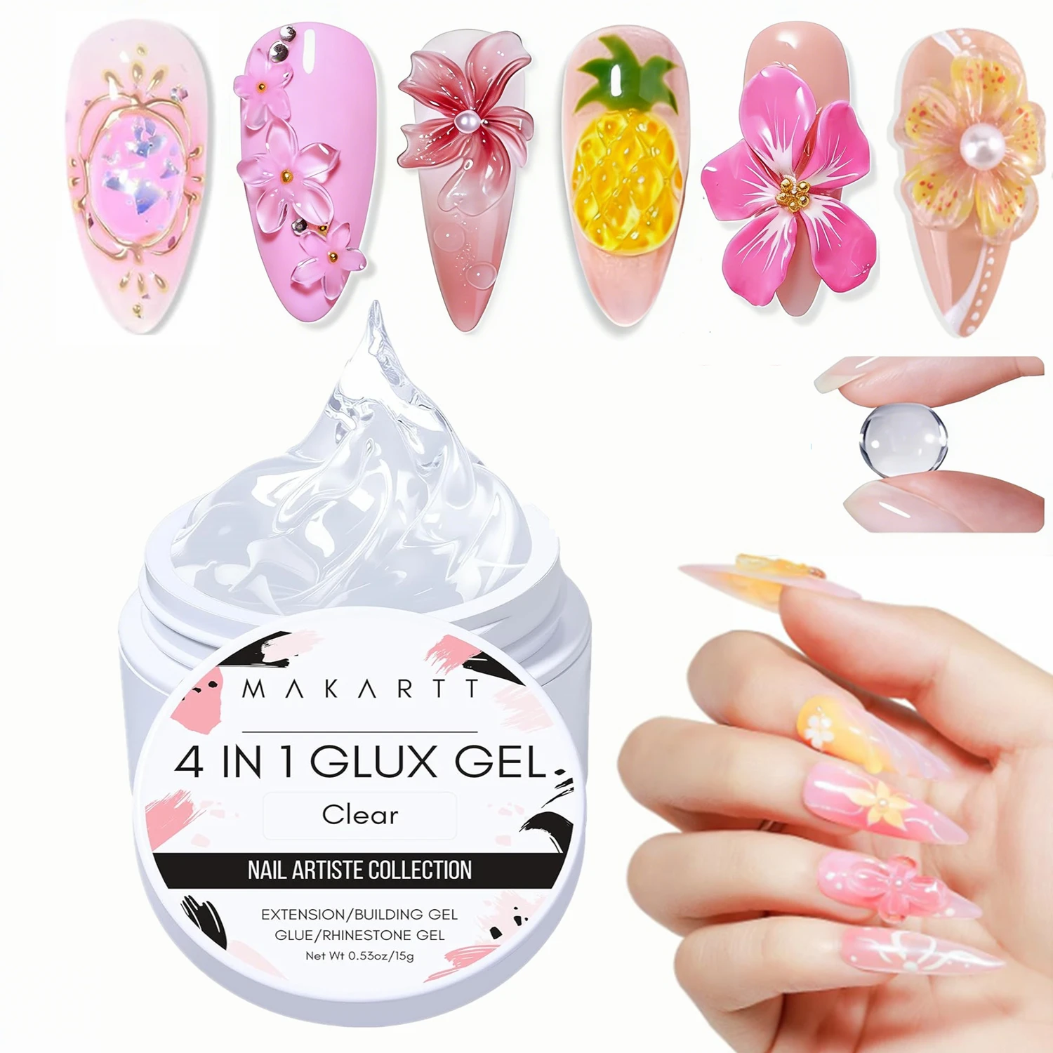 

Solid Builder Gel Non Stick 15ML , Makartt 4 In 1 Glux Gel Hard Extension Gel Nail Polish for 3D Molding Nail Art UV/LED Lamp