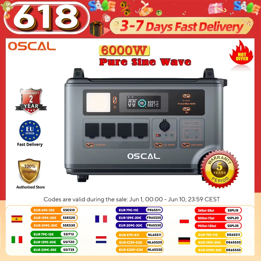 Oscal Powermax6000 6000W Rugged Power Station 3600Wh to 57600Wh Lifepo4 Battery 14 Outlets 120V/240V Dual Voltage Output